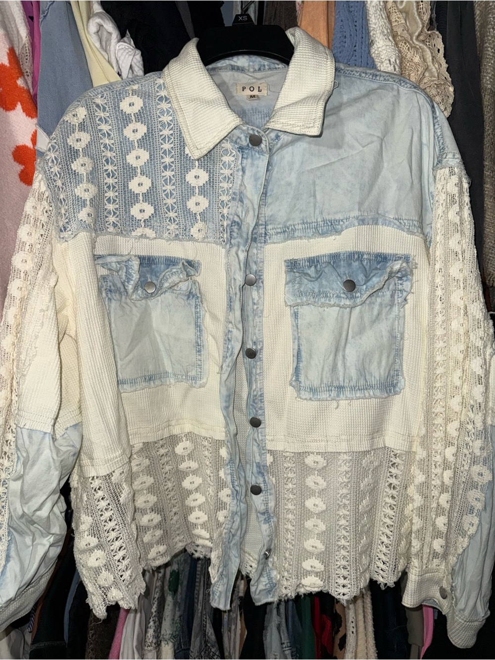 POL Boho Patchwork Lace Denim Shirt Jacket - Cream & Light Blue - Picture 2 of 6